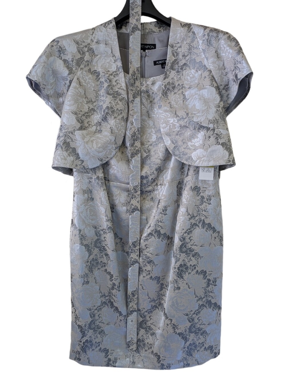 NWT Albert Nipon Silver Jacquard Dress With Matching Bolero & Belt, US 14 Bride